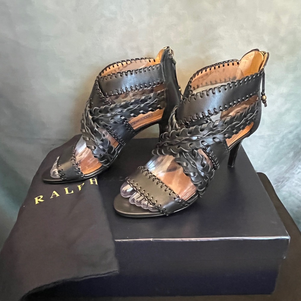 Ralph Lauren Collection Ardina Black Leather Woven Heels‎ Sandals Open Toe